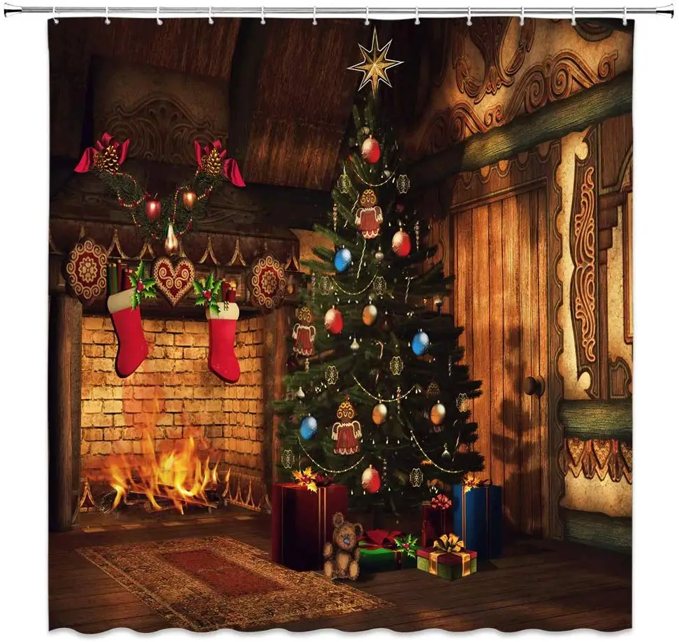 

Christmas Tree with Balls Decor Shower Curtain Vintage Cottage Fireplace Gifts Socks Festive Celebration