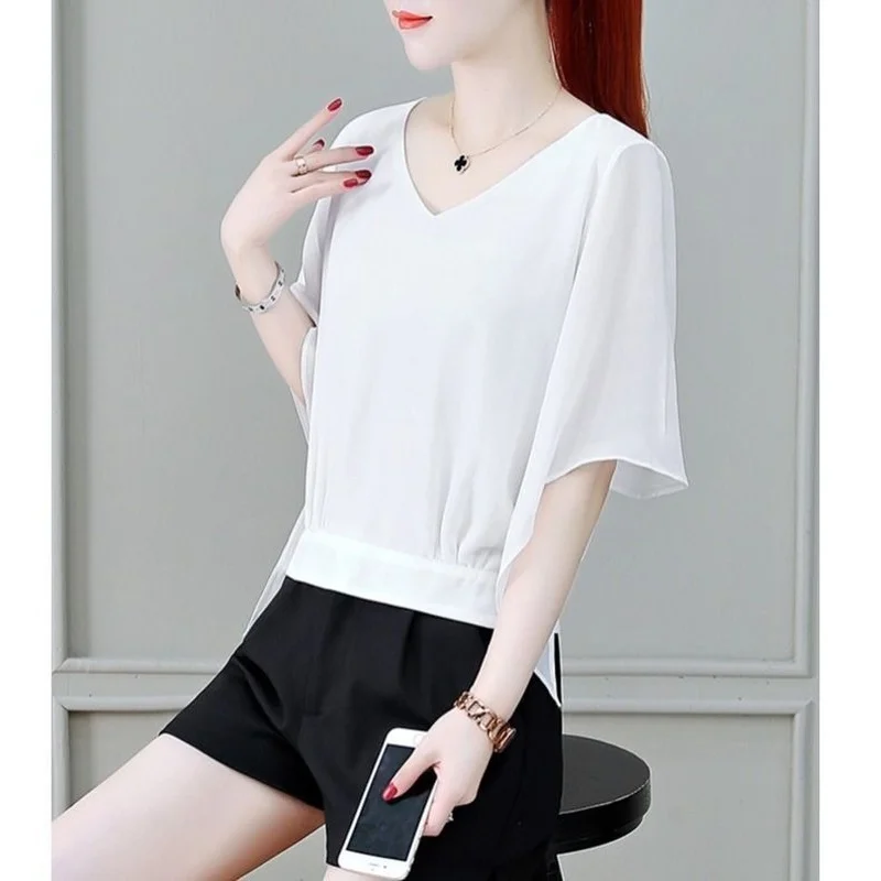 Блузка с V-образным вырезом шифоновая рубашка женское новое летнее платье