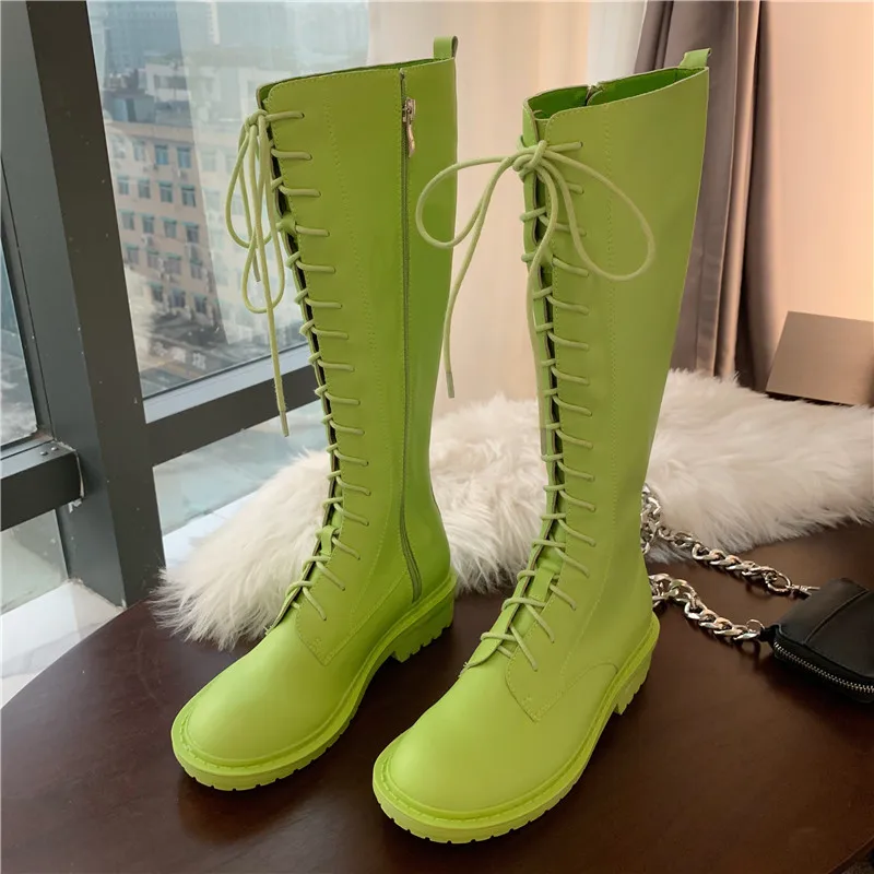 Неоново-зеленые женские сапоги из искусственной кожи до колена на шнуровке с