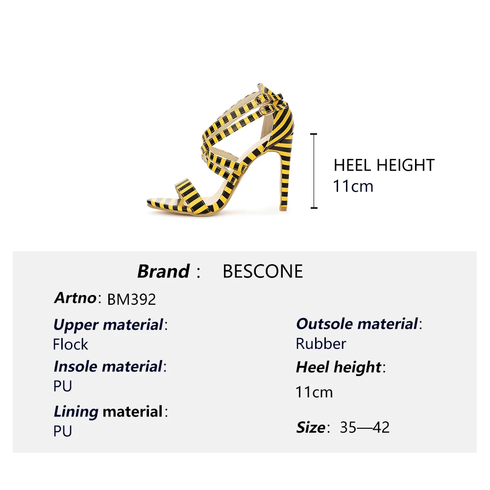 

BESCONE Fashion Women's Sandals Mature Narrow Band Striped High Quality Flock Thin Heels Super High Shoes Slip-On Sandals BM392