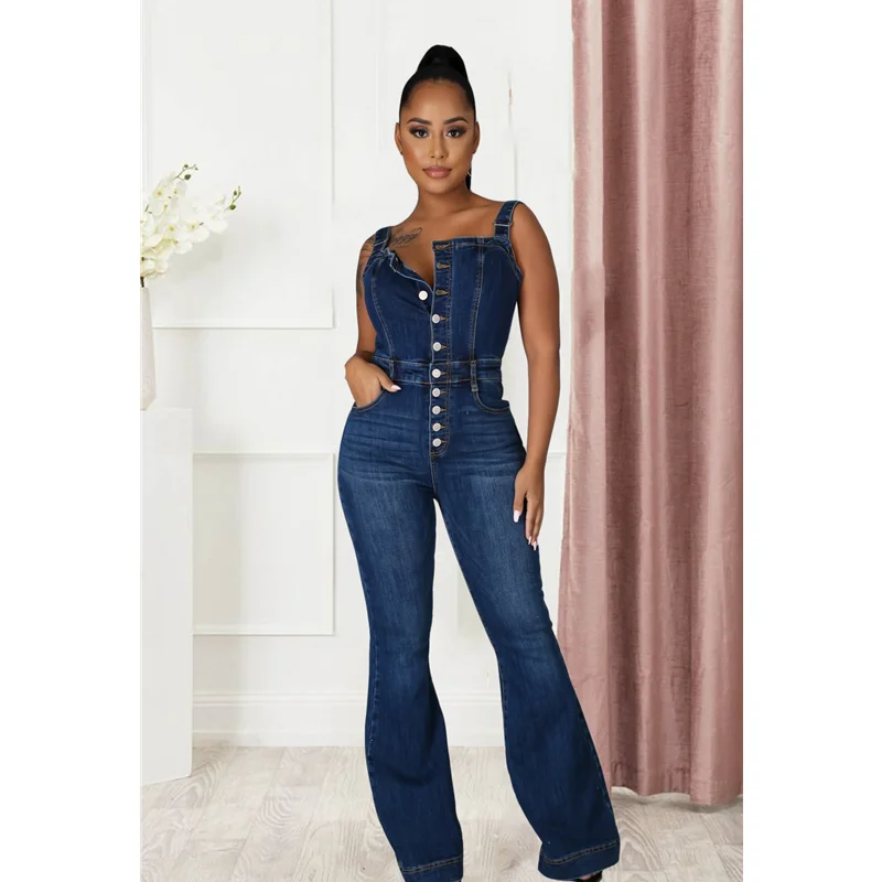 

Sexy Denim Jumpsuit Women Autumn Clothes Suspenders Bodycon Bodysuits Wide Leg Long Rompers Sleeveless Jeans One Piece Overalls