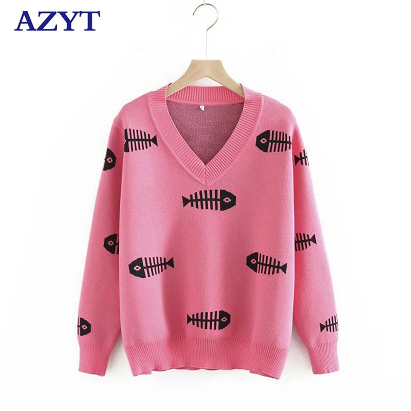 

AZYT Autumn Loose Oversized Sweater Women Pullovers Chic Fish Print V Neck Knitwear Jumpers Female 2021 Winter Warm Base Sweater