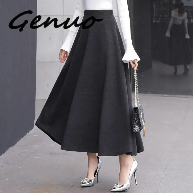 

Genuo Autumn Winter Long Woolen Skirt Women Faldas Casual Vintage High Waist Skirt Saia Warm Thicken Loose A-Line Skirts Womens