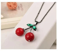 1 sweater chain fruit three dimensional cherry zircon pendant necklace geometric round red 3d cherry colorful necklace jewelry