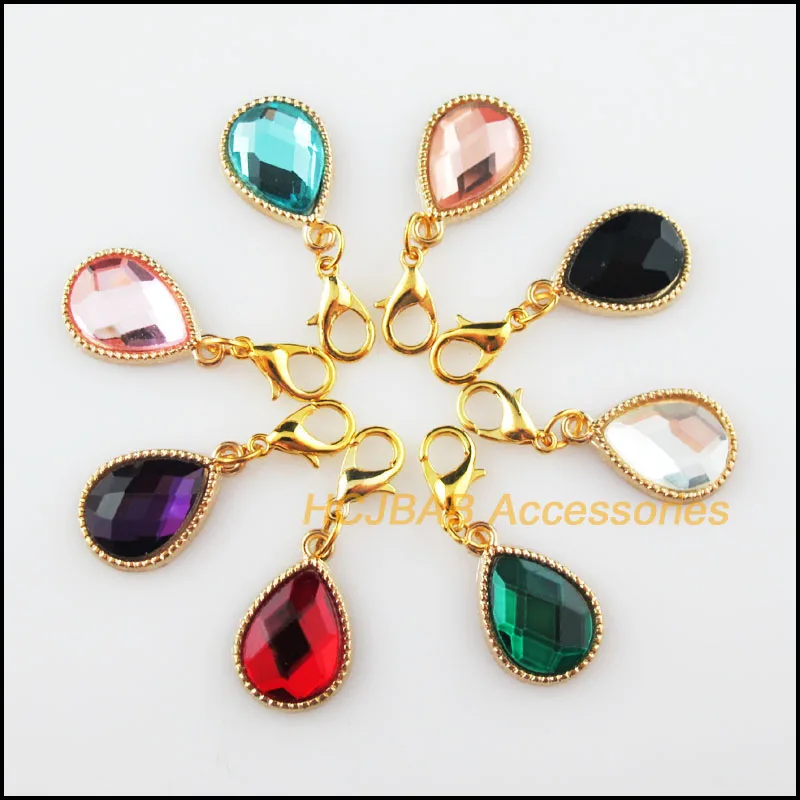 

8Pcs Gold Color Mixed Crystal With Lobster Claw Clasps Charms Teardrop Pendants