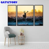 gatyztory 3pc diy pictures by number sika deer animal kits drawing on canvas handpainted art sunset landscape gift home decor