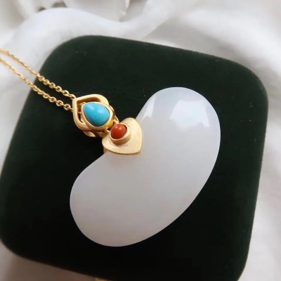 

New silver inlaid natural Hetian white jade pendant necklace Chinese style retro unique gilding craft women's brand jewelry