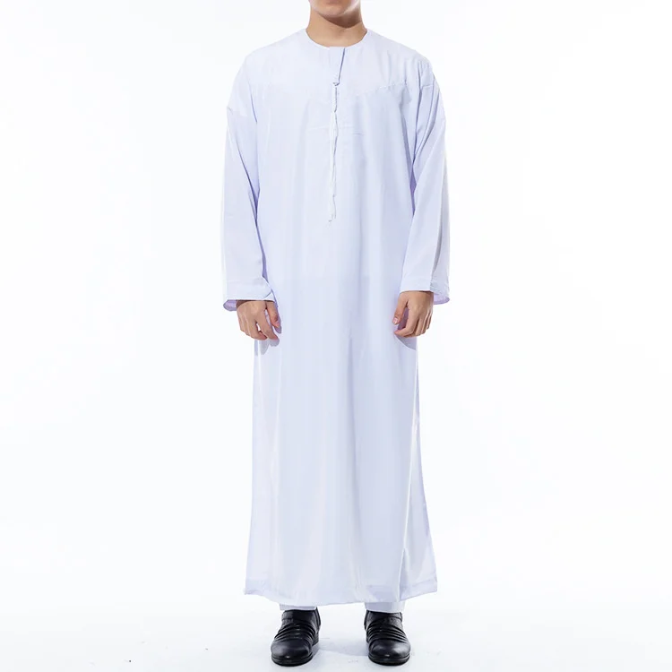 

2021 New Oman Muslim Moroccan Long Sleeve Round Neck Islamic Men's Solid Color Robe White Arabic Kaftan Men Worship Abaya