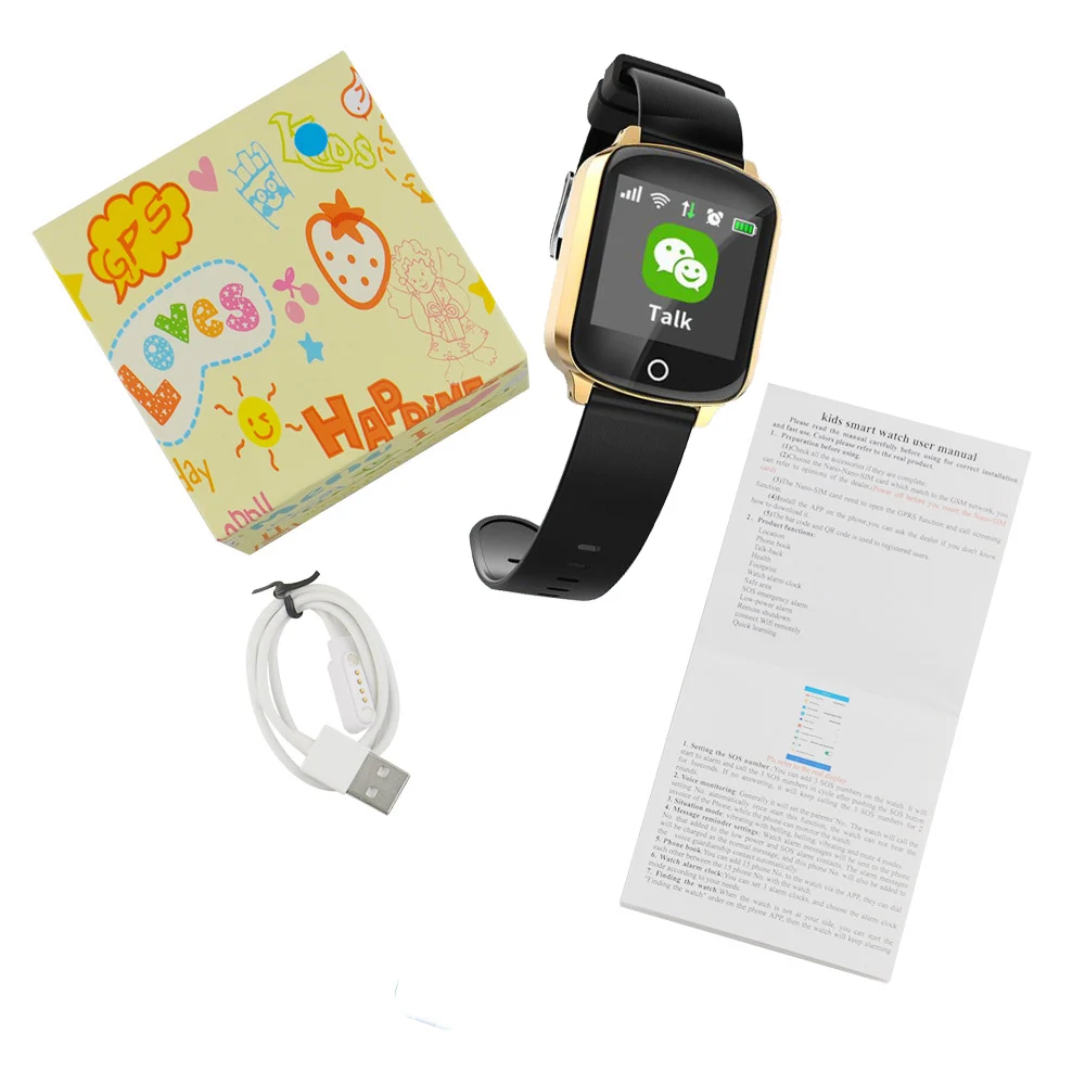golden with box Умные часы D200 для пожилых людей, gps, Wi-Fi, позиционирование, анти-потеря сердечного ритма, кровяное давление, Часы наручные IP68, SOS, два способа вызова, наручные часы - Цвет: golden with box