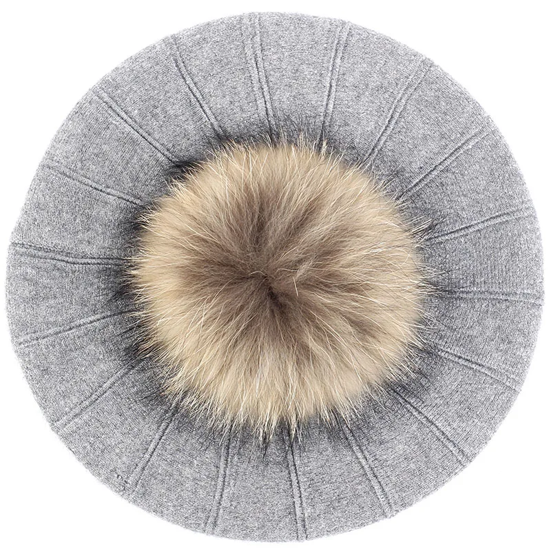 Women Wool Blend Beret Hat with 15cm Real Fur Pompom Solid Color Slouchy Winter Fashion Hats French Bonnet Girls Lady Caps