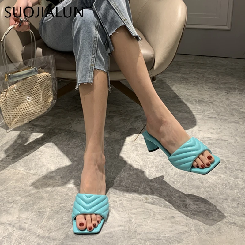 Летние женские сандалии SUOJIALUN с квадратным носком летние на высоком квадратном