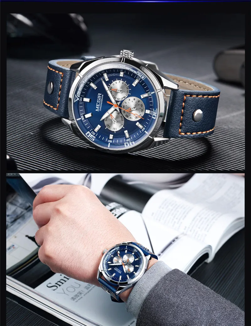 Часы MEGIR Мужские кварцевые в стиле милитари роскошные брендовые с календарем и