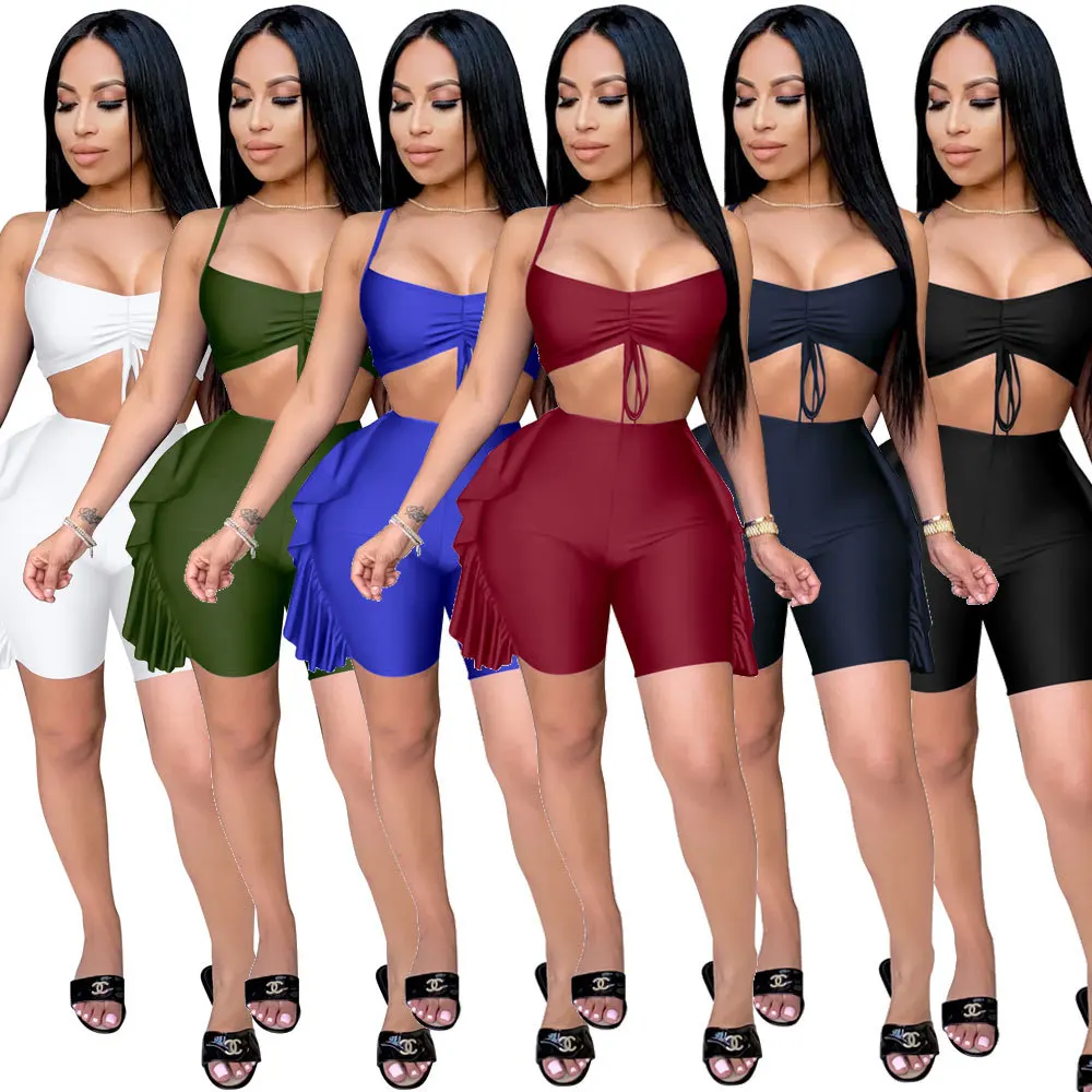 

Women 2 Piece Sets Solid Sleeveless Spaghetti Strap Crop Top Edible Tree Fungus Short Pants Summer Sports Suits 2021