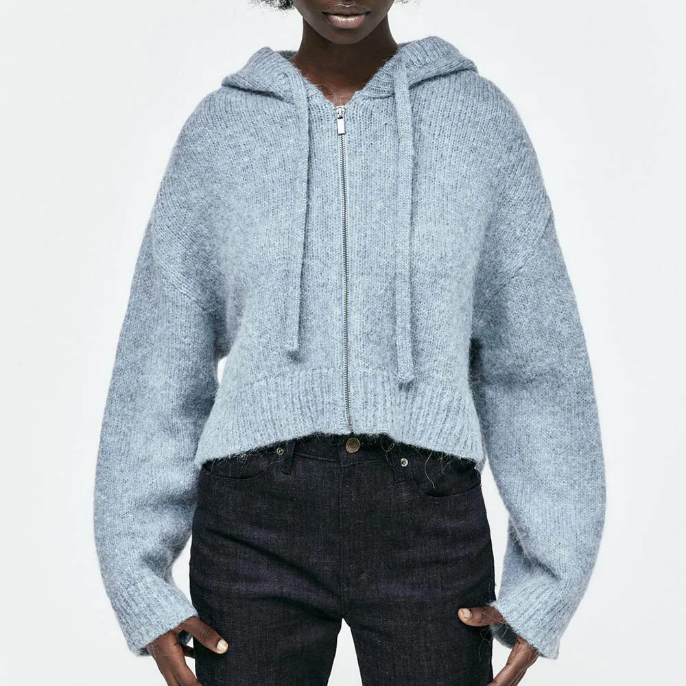 

Женский трикотажный свитер на молнии с капюшоном Za, модный однотонный Повседневный короткий женский свитер, шикарная блузка для осени, 2021