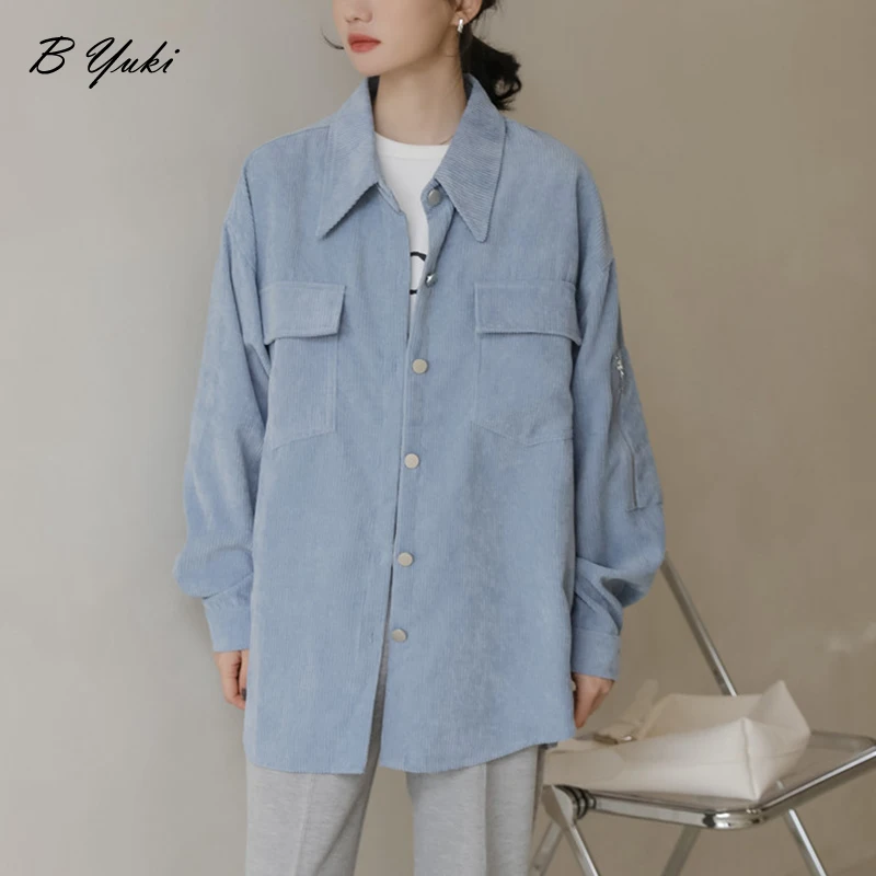 

Blessyuki Loose Split Corduroy Shirt Jacket Women Casual Simple Single-breasted Solid Autumn Blouses Female Oversized Zipper Top