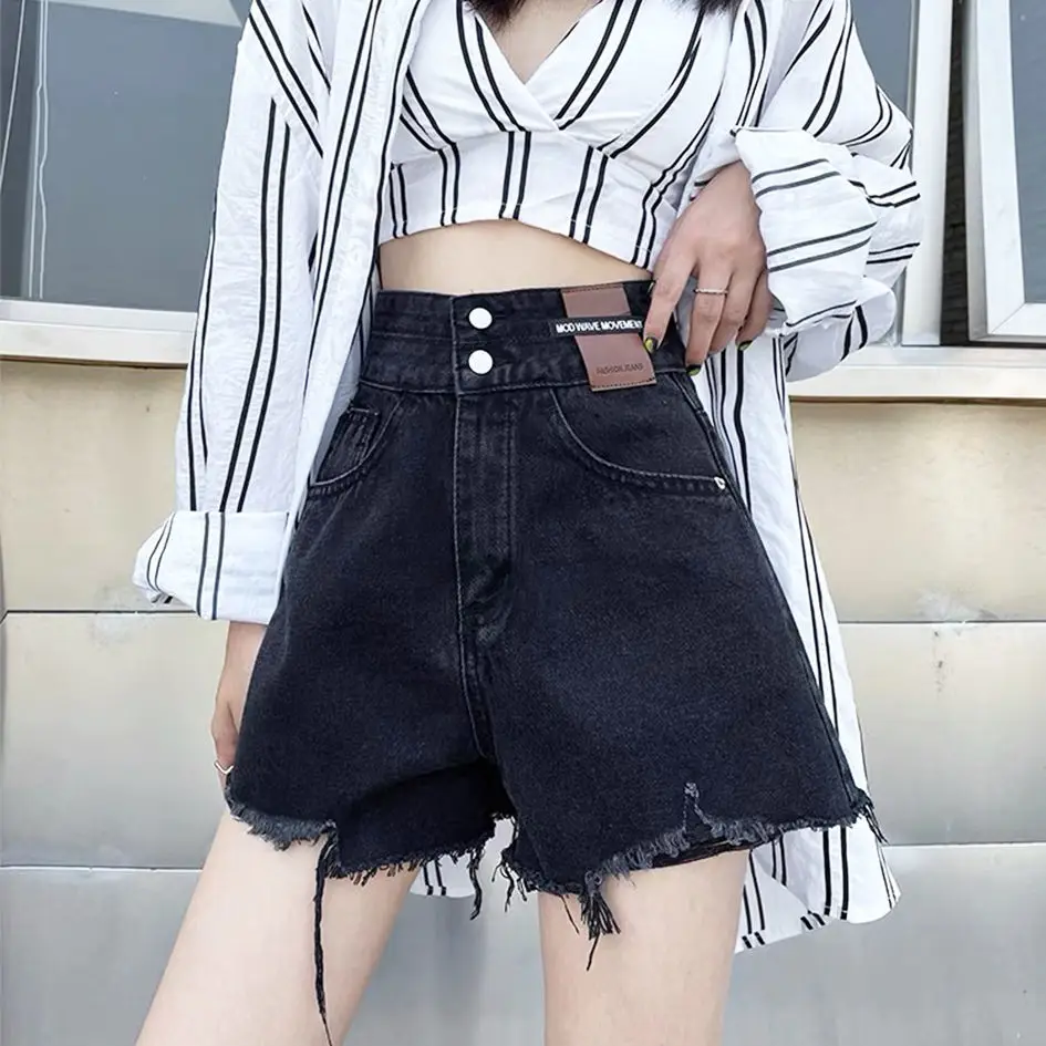 

Denim shorts women's loose Korean version 2021 summer high waist show thin net red hole wide leg wear versatile hot pants