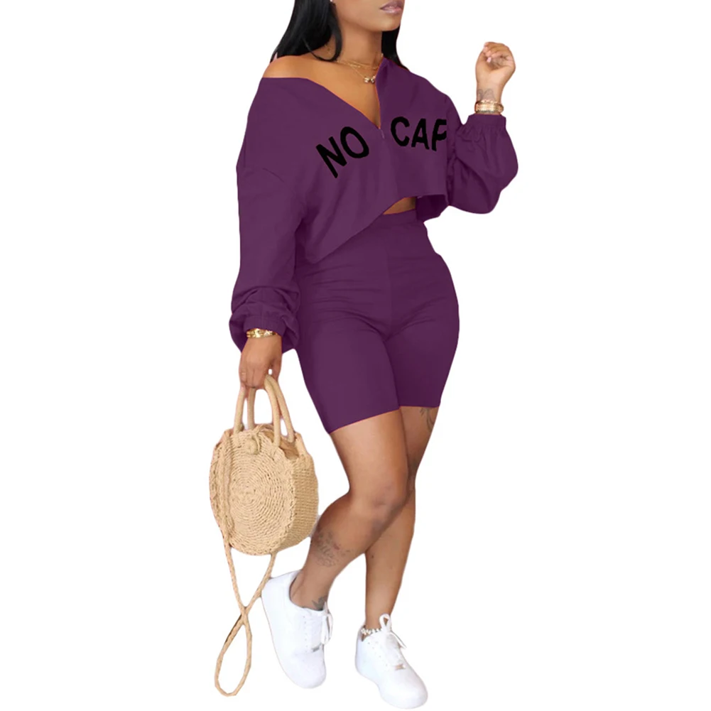 

Fashion Women Letter Print Zipper Long Sleeves Casual Tops Shorts Outfits d88