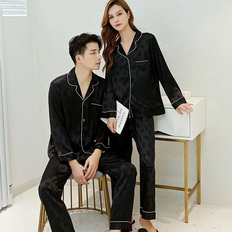 

Sexy Couple Skull Jacquard Pajamas Set Spring Lovers Men Women Long Sleeve Pants Sleepwear Satin Homewear Nightwear