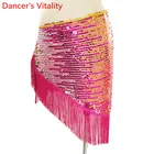 Женский шарф для танца живота, 7 цветов, 7 цветов, с блестками, кисточками, на талии, на цепочке, для соревнований, тренировочный наряд