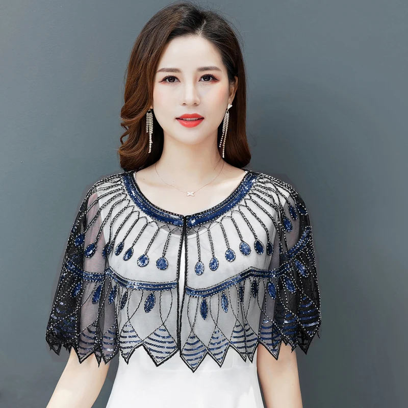 

Vintage Sequined Gauze Hook Flower Hollow Single Button Sleeveless O-neck Thin Short Free Size Summer Poncho Women 9749