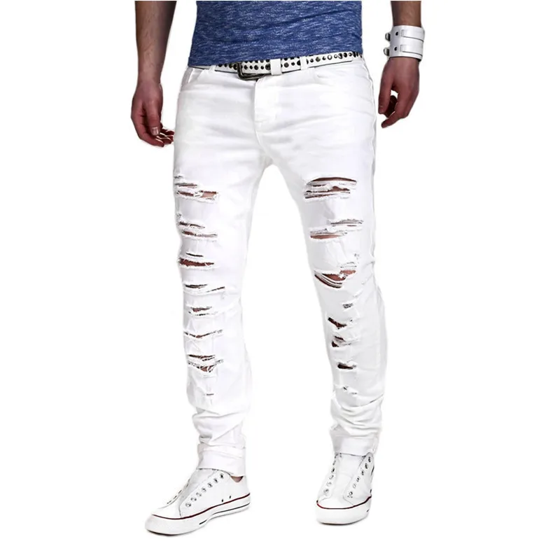 

2020 Men's Jeans Jeans Men's Distressed Stretch Ripped Jeans Men Slim Fit Denim Jeans Cotton Pants Zipper Jeans Men Clothing
