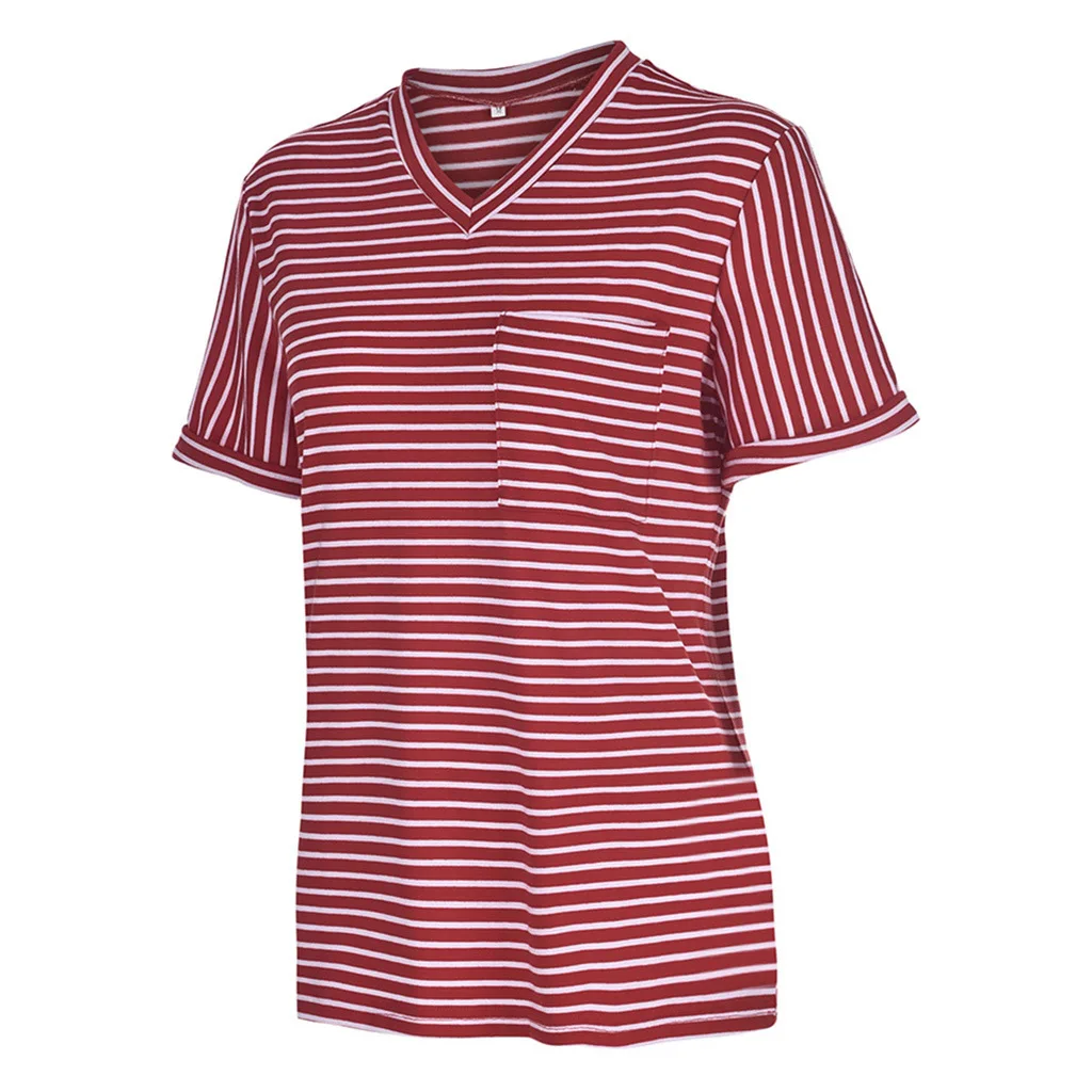

2019 European And American Cross-border New Hot Style V-neck Chest Pocket Striped Short-sleeved Female T-shirt Striped Short