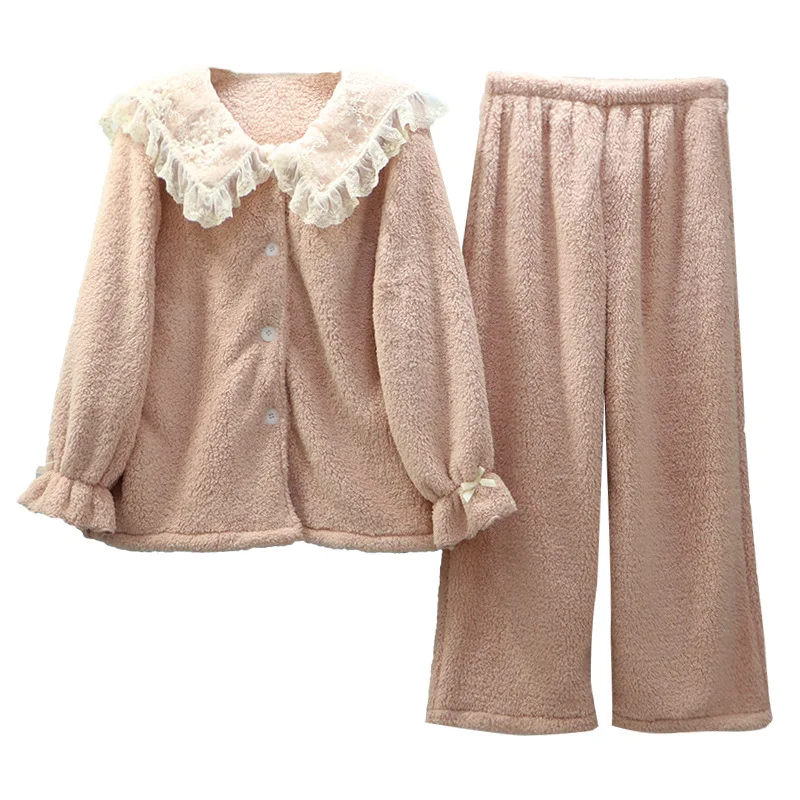 Пижама женская осенне-зимняя утепленная двухсторонняя бархатная с бантом в