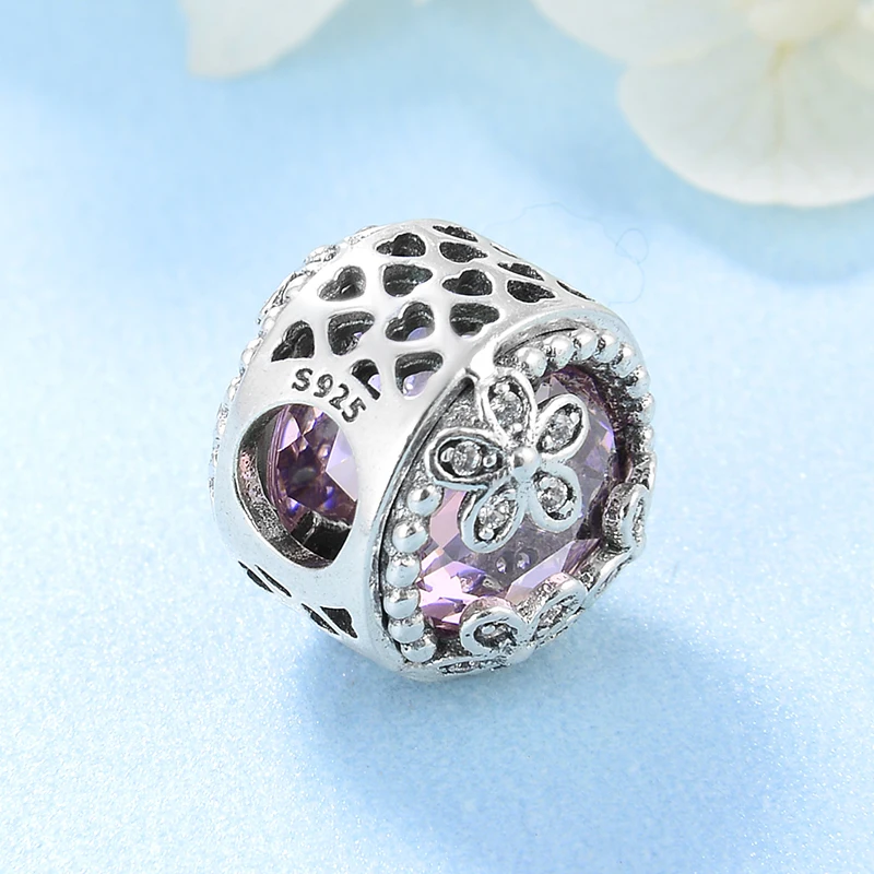 925 пробы серебряные Роскошные полые сердца три цветка ярко-розовые CZ бусины