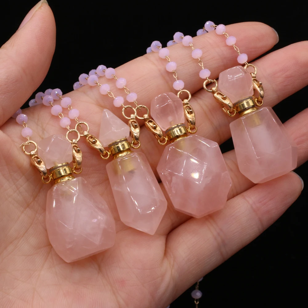 

Very Delicate Necklace Natural Stone Rose Quartz Charming Perfume Bottle Pendant Necklace for Elegant Lady Romantic Love Jewelry