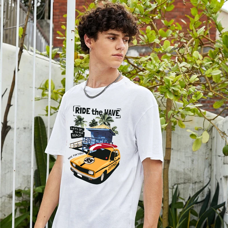 

Men Short Sleeve Cotton Summer Tops Ride the Wave Car Printed T Shirt Fashion Street Style Outwear