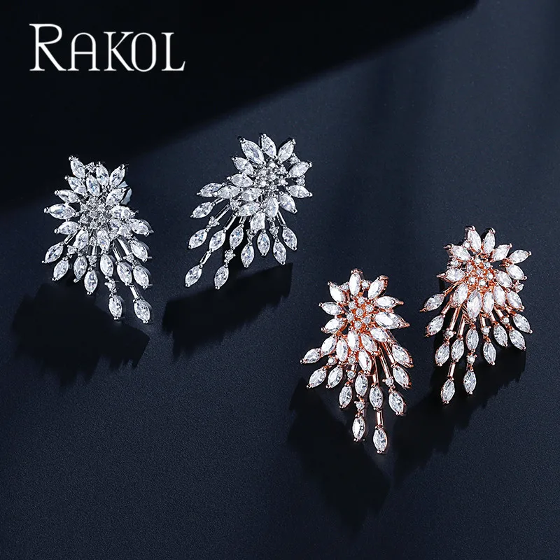 

RAKOL New Female Personality AAA Shiny Water Droplets Cubic Zirconia Flower Earrings Elegant Bride Party Jewelry RE5445K