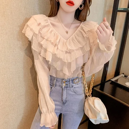 

French Sweet Simple Top 2021 Spring and Autumn Korean Style Chiffon Shirt Temperament V-neck Shirt Fairy Ruffled Bell Sleeve Top