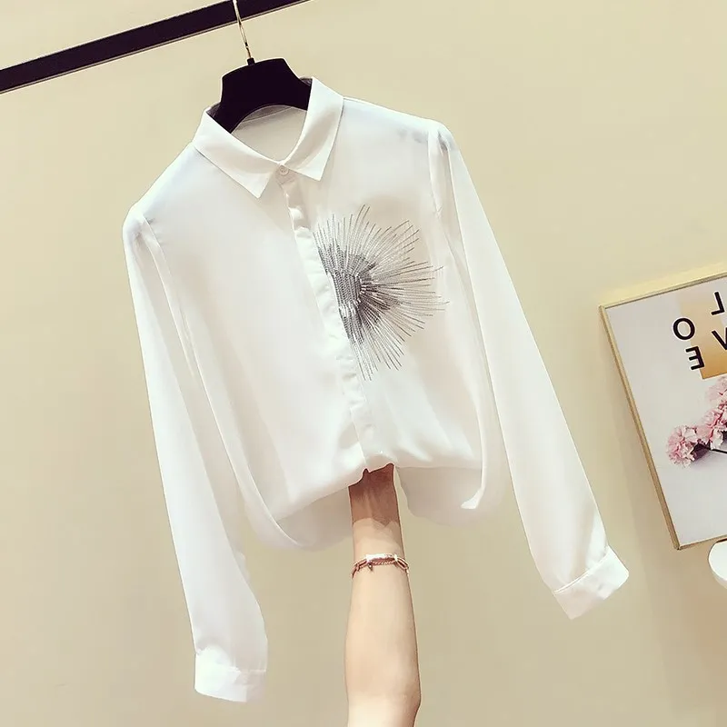 Женская рубашка с длинным рукавом тонкая Свободная блузка принтом корейская