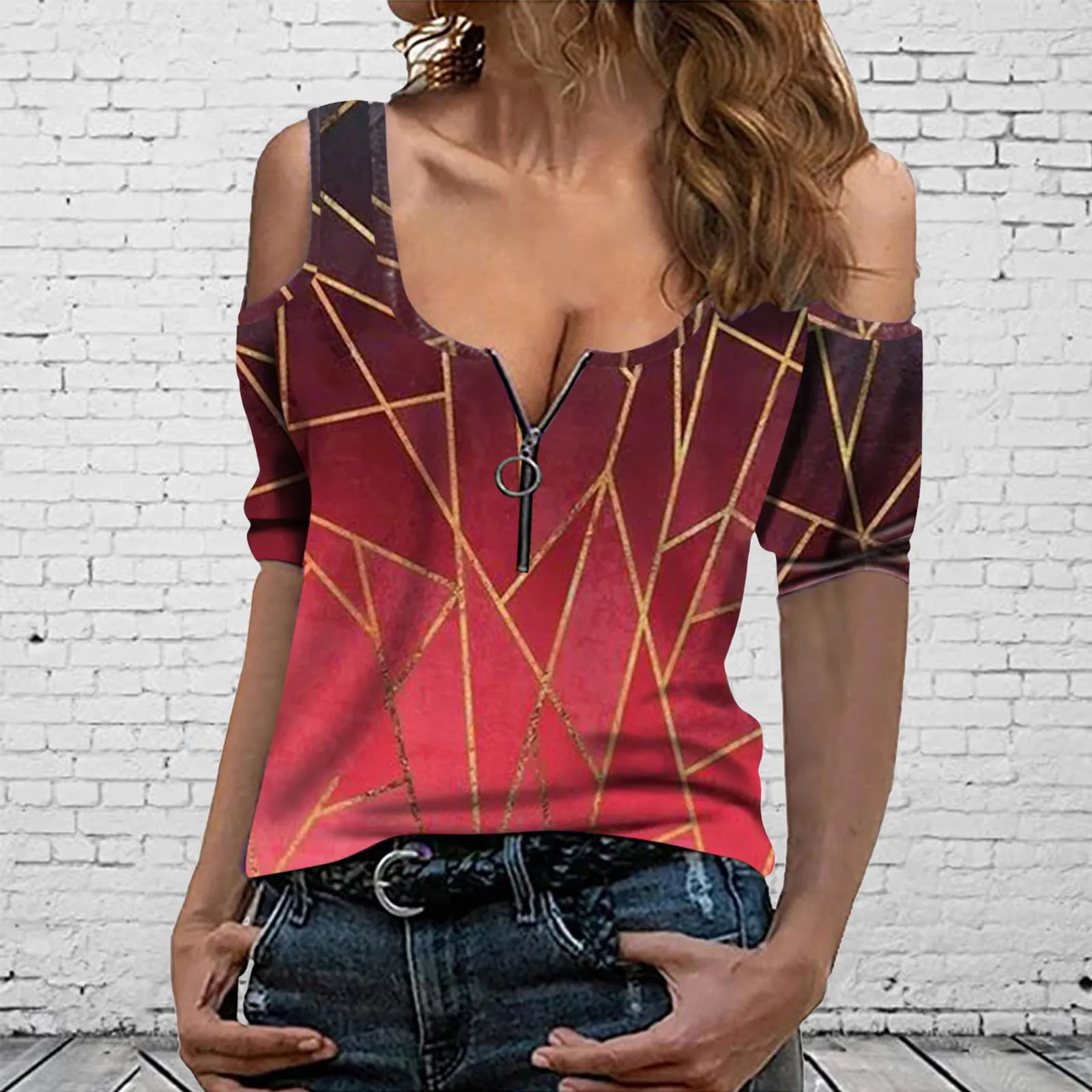 

40# Vintage V-neck Women Blouse Elegant Short Sleeve Printed Cold Shoulder Tops 2021 Blouses Zipper Causal Summer Shirt