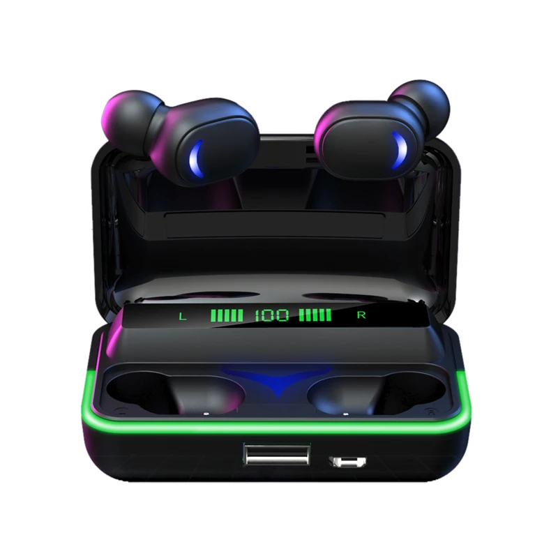 

Wireless Earbuds Gaming Headset Mini Bluetooth Earphones Hands-free Mic Cell Phone Headphones w 1200mAh Power Bank Charging Box