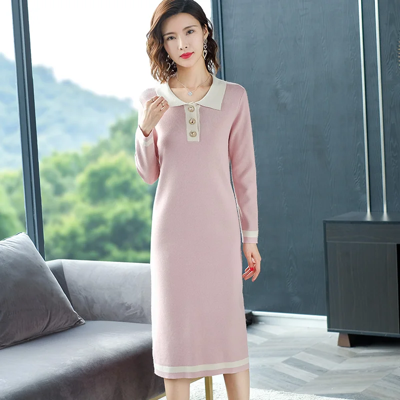 Женское длинное трикотажное платье-свитер с отложным воротником | Женская одежда