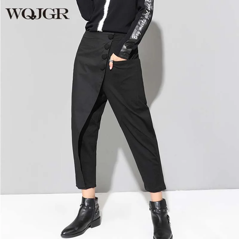 WQJGR Spring 2021 Streetwear Pants Women Button Fly Ankle Length Black Spliced Middle Elastic Waist Trousers | Женская одежда