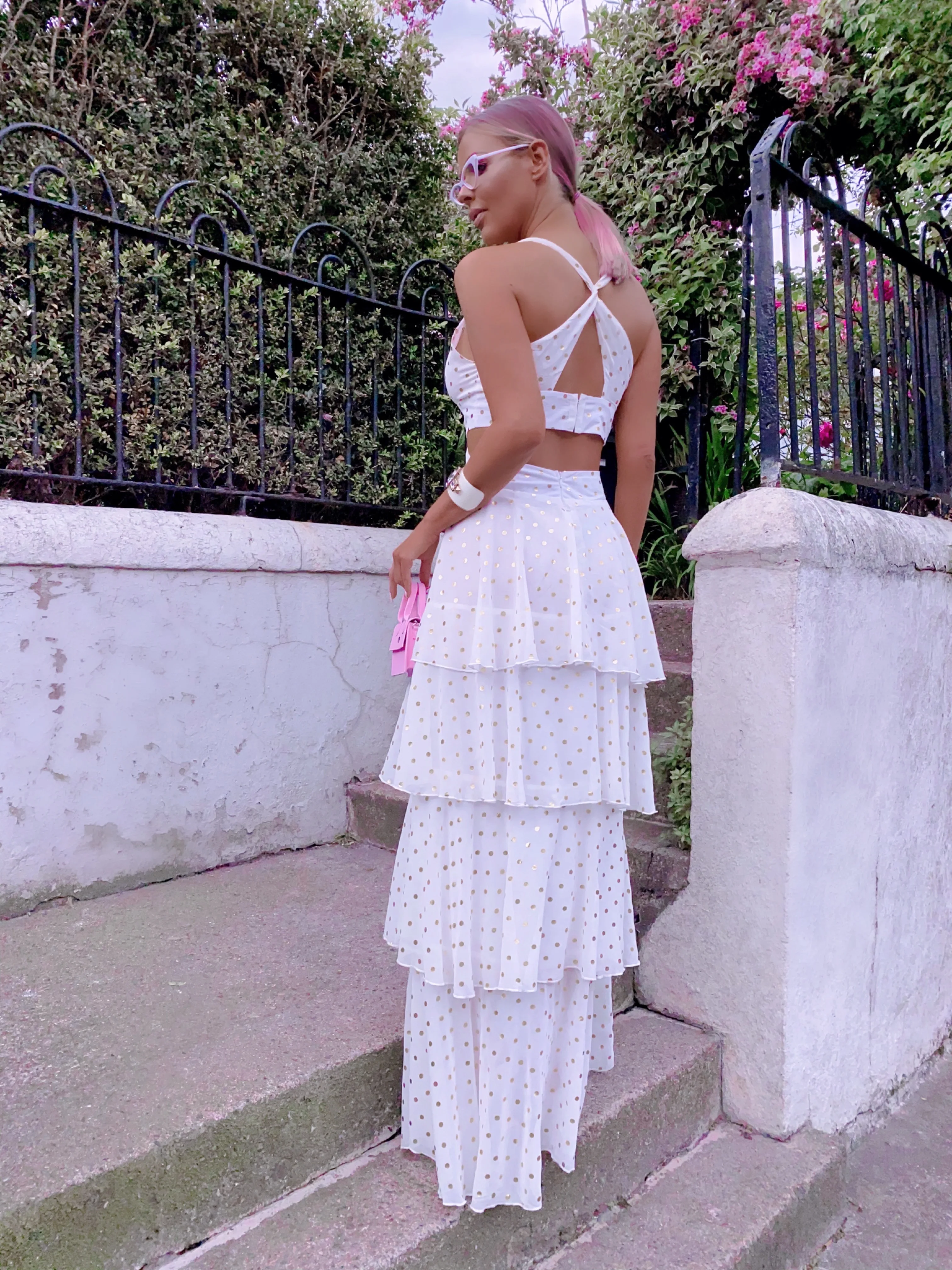 

KeyCouture Sexy V-Neck Waist Cut Out Golden Polka Dot Chiffon Layered Ruffles Beach Party Maxi Dress LM82365