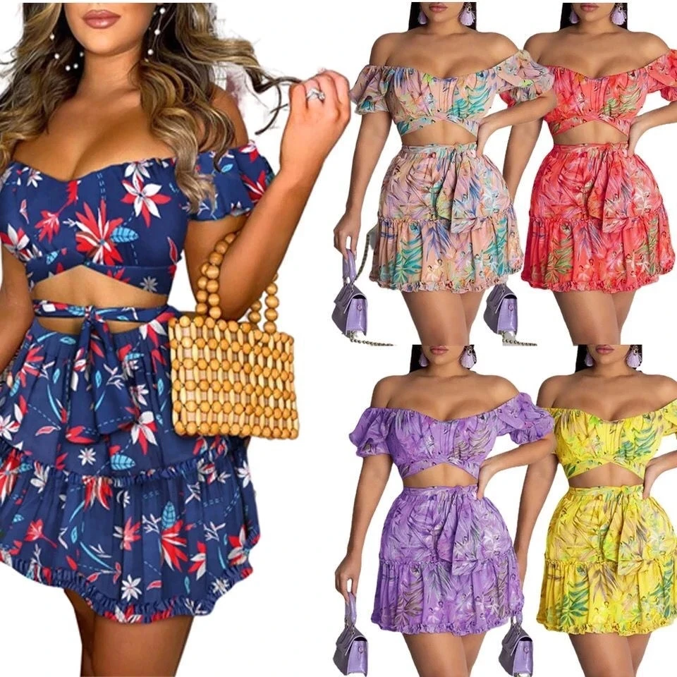 

New Foral Beach Bohemian Women's Tracksuit Mini Pleated Skirts Set with Crop Tops Matching Two 2 Piece Set Active Sweatsuit