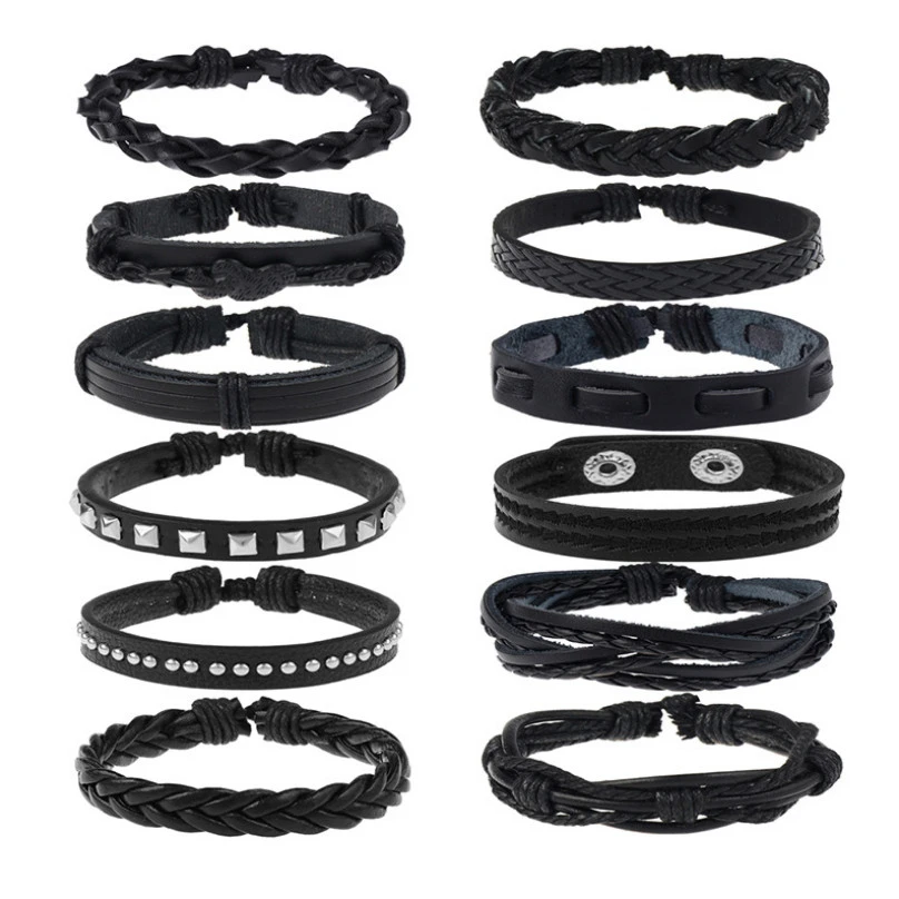 

Fashion Hippie Black Bracelet Set Vintage Retro Rivets Heart Weave Leather Wrap Rope Charm Wristbands Bangle Hiphop Jewelry Gift