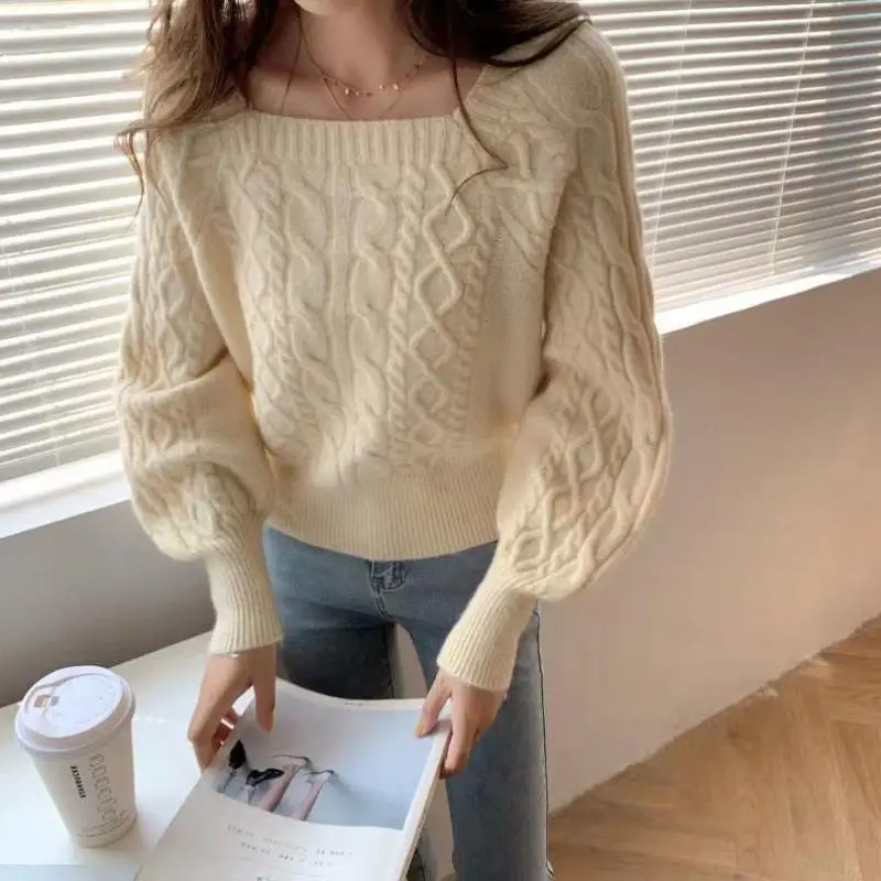 

2021 Autumn Solid Square Collar Long sleeve Knitted Blouse Pullover Shirt Long Sleeve Korean style loose outer wear Short Top