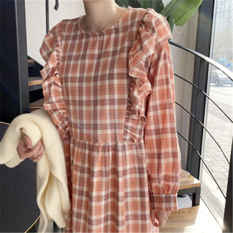 Женское винтажное платье в клетку Свободное длинное большого размера с оборками