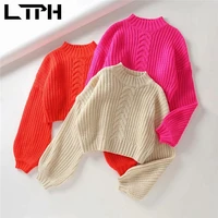 ltph solid knitted women sweaters and pullovers short lantern sleeves oversized loose casual all match jumpers 2021 autumn new