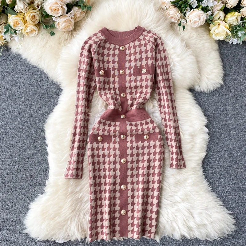 

Womne Plaid Houndstooth Knitted Dress Autumn Fashion Retro Knit Sweater Robe Work Streetwear Winter Bodycon Plaid Dress