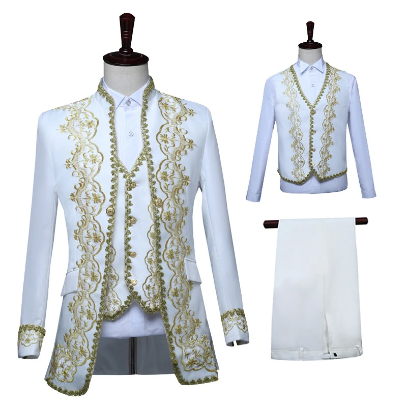 

2021 New European Court Cosplay Costumes Plus Size Embroidered Suit Retro Medieval Style Victorian Prince Men Suit Jacket Vest