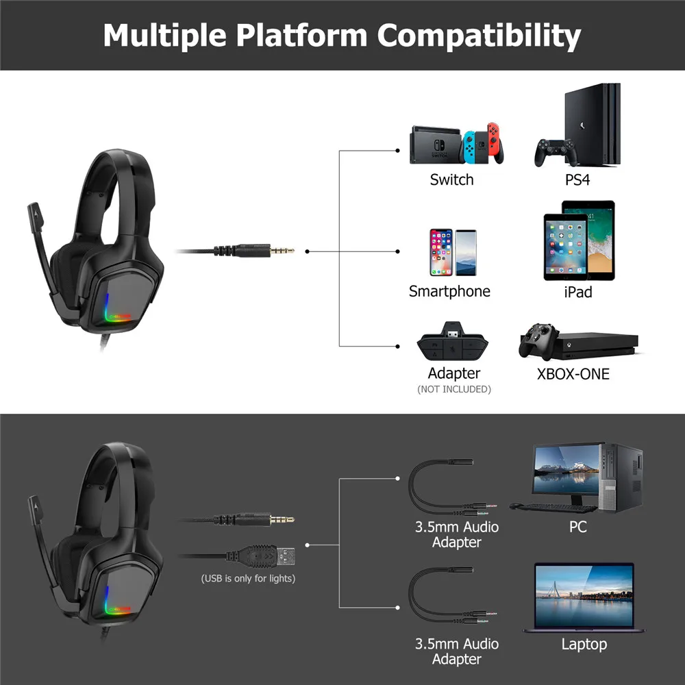 

ONIKUMA K20 Wired Headphones With Microphone RGB Light Gaming Headsets Noise Cancelling Earphones For PS4 Xbox One Headset Gamer