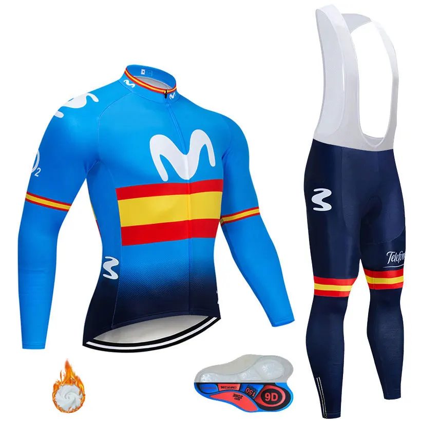 blue fleece MOVISTAR командная велосипедная куртка 9D набор велосипедных штанов Ropa Ciclismo мужская зимняя термо флисовая pro трикотаж для велосипедистов одежда - Цвет: blue fleece