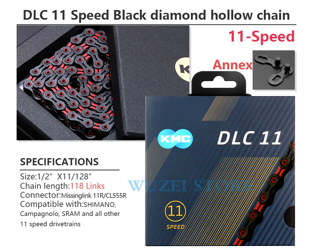 KMC DLC 11 Speed Chain MTB Bike Diamond Chains Ultralight Black Red 116/118L X11 Mountain Bicycle 11V Chains for Shimano Sram