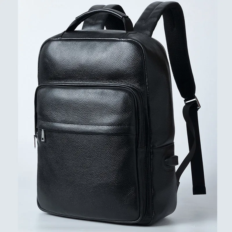 Men Genuine Leather Backpack USB External Charge 15.6 Inch Laptop Backpack Shoulders Men Waterproof Travel School Backpack Bags