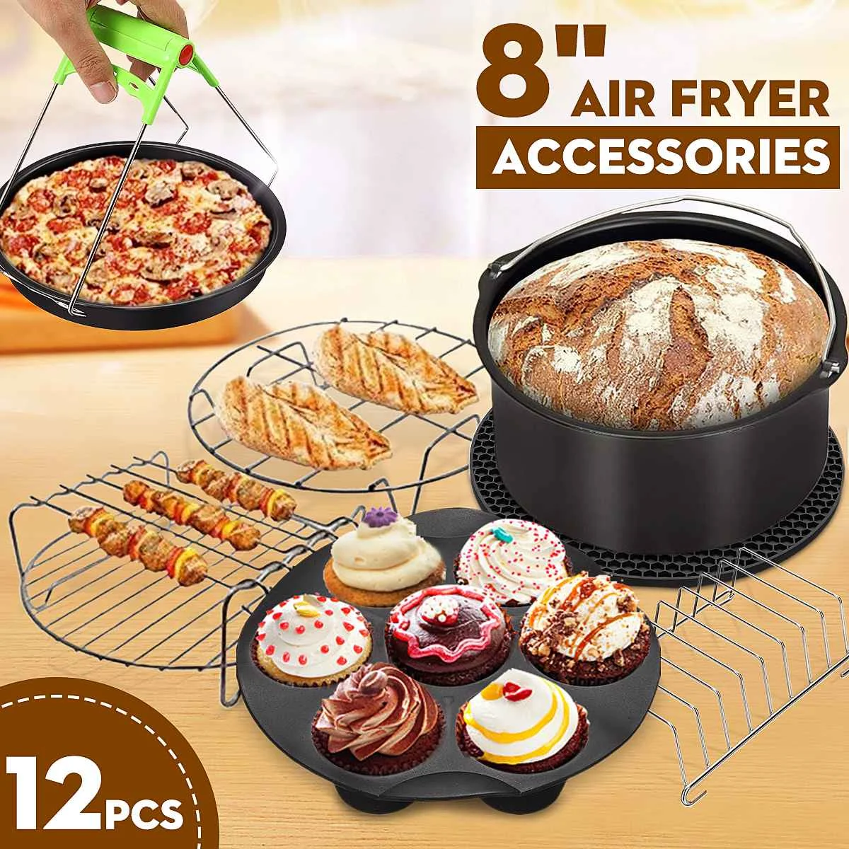 

12pcs Set Air Fryer Accessories 8 Inch Fit for Air Fryer 5.2-5.8QT Baking Basket Pizza Plate Grill Pot Kitchen Cooking Tools